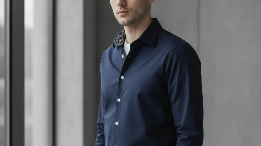 navy shirt outfit ideas, Modern Elegant Floral Inside Collar Mens Black Dress Shirt