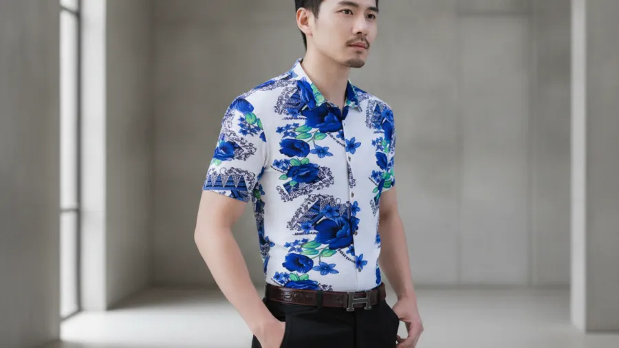 winter dress shirt style, White Blue Floral Mens Short Sleeve Dress Shirt