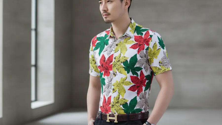 winter dress shirt style, White Red Green Floral Mens Short Sleeve Dress Shirt