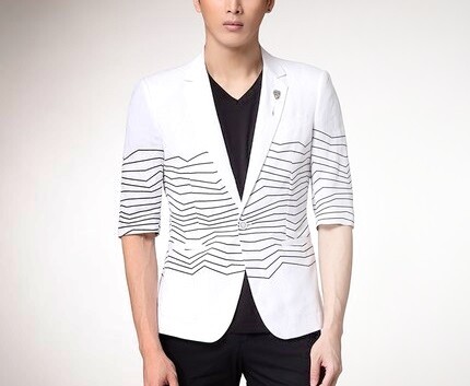 PILAEO Art Geometric Lines Luxury Mens White Short Sleeve Linen Blazer