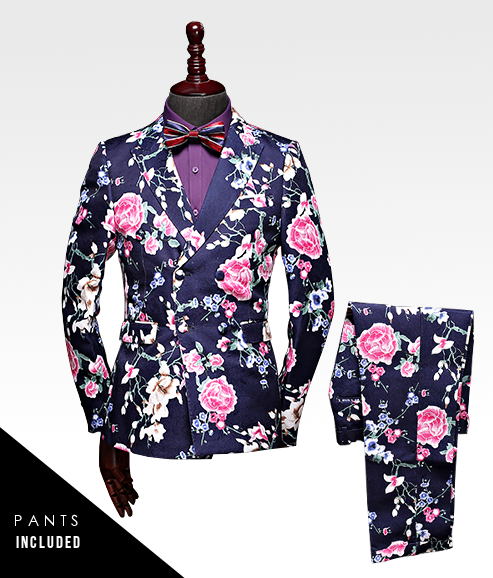 Attractive Modern Navy Blue Mens Floral Suit