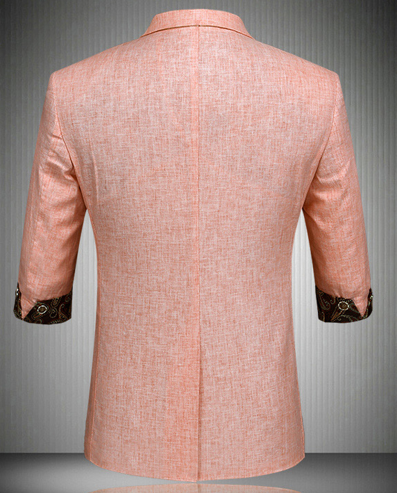 PILAEO Awesome Peach Linen Paisley Trim Mens Short Sleeve Blazer — view 3