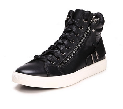 Black High Top Zipper Leather Casual Sneaker - PILAEO