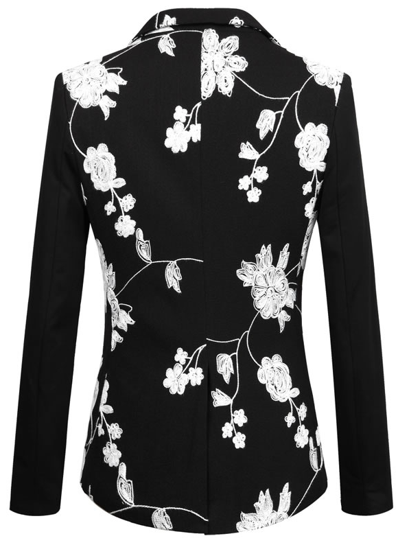 PILAEO Black White Floral Embroidered Elegant Blazer — view 3