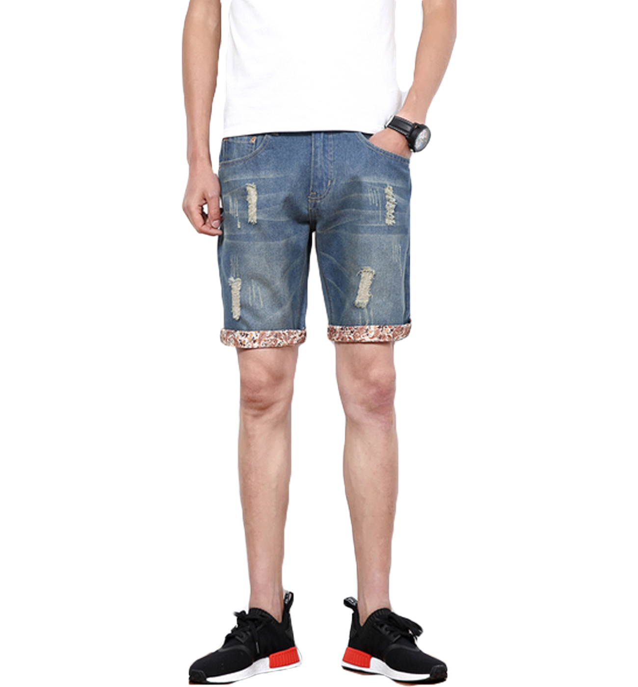 PILAEO Blue Denim jeans Men Floral Paisley Print Trimmed Shorts for Garden Parties