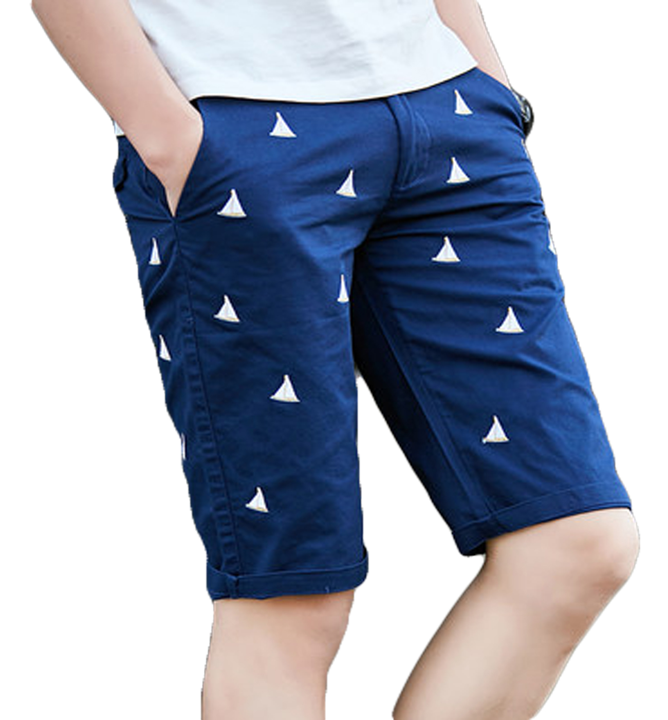 PILAEO Blue Fashionable Mens Sail Slim Boats Embroidered High End Shorts for Boardwalk Evenings