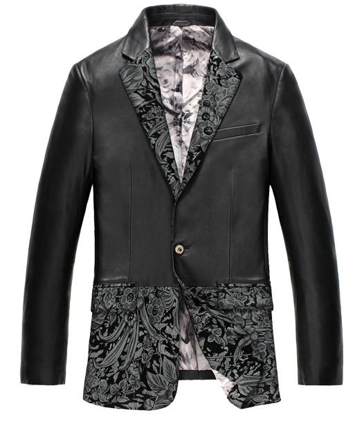 PILAEO Chic Sophisticated Leather Black Grey Floral Design Blazer