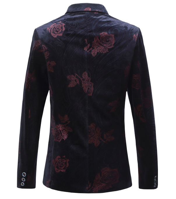 PILAEO Dark Burgundy Floral Rose Navy Blue Elegant Blazer — view 3