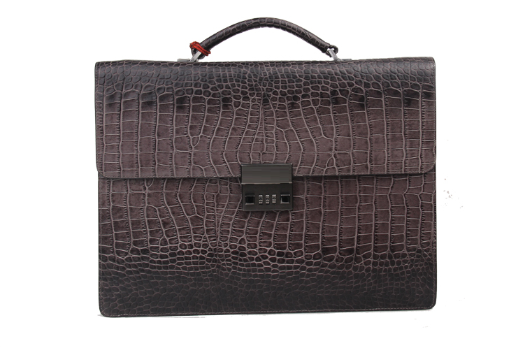 Dark taupe grey luxury crocodile pattern briefcase front view