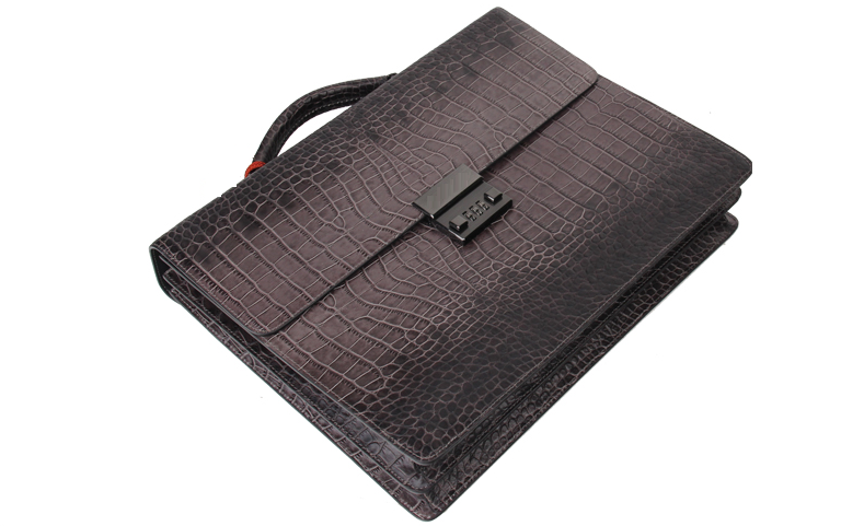 Taupe crocodile pattern briefcase hardware detail