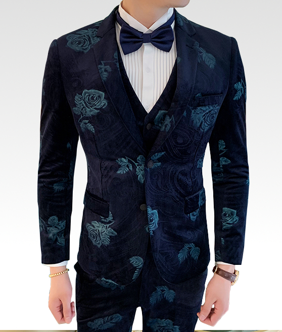 _     Excellent Floral Turquoise Navy Blue Velvet Mens Fashion Blazer