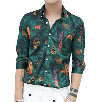 Fashion Floral Scripted Feathers Leaves Mens Green Dress Shirt
