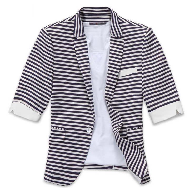 Fashionable White Purple Stripes Short Sleeve Blazer