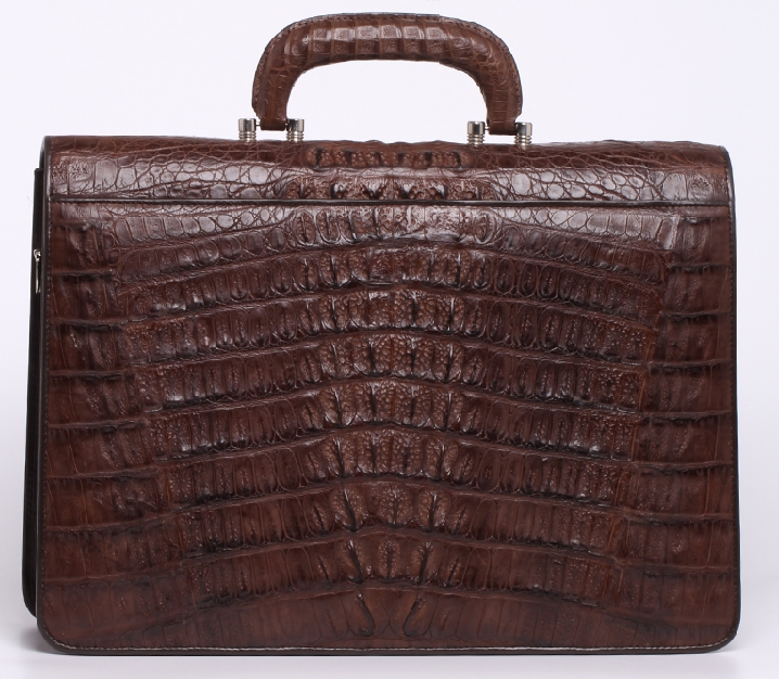 Brown crocodile briefcase rear panel and handle root