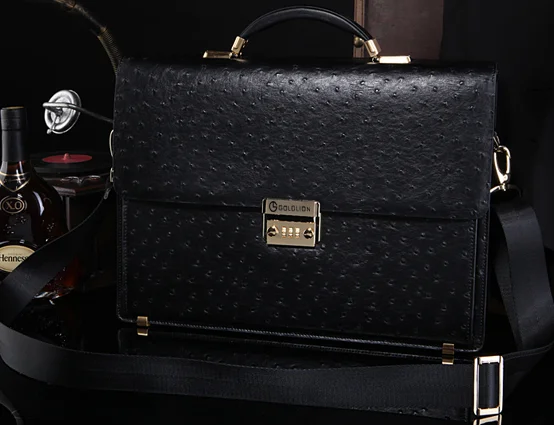 Ostrich grain briefcase rear panel and handle root