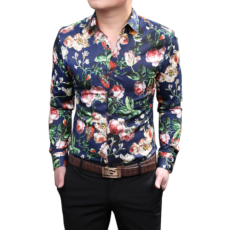 Luxury Polyester Navy Blue Mens Fashion Floral Dress Shirt