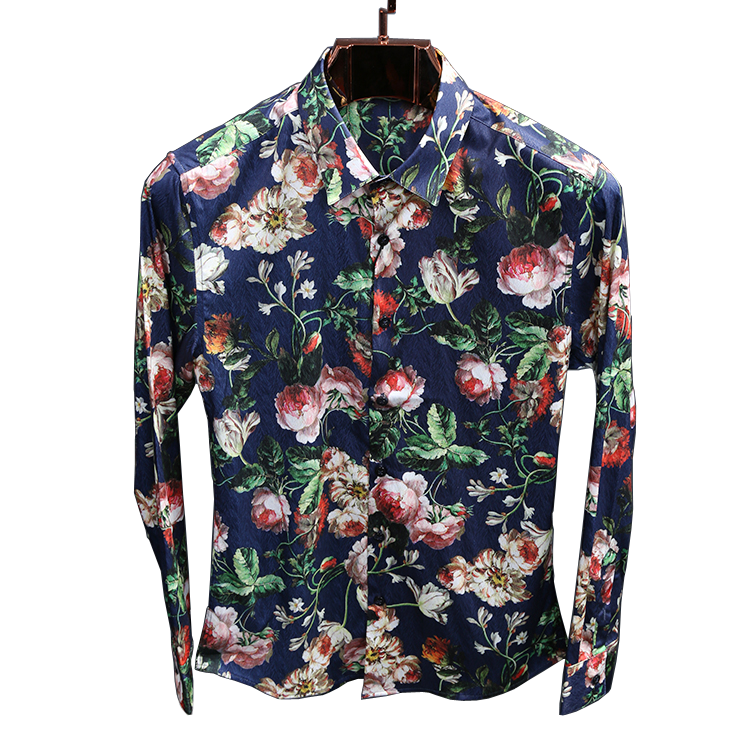 Luxury Polyester Navy Blue Mens Fashion Floral Dress Shirt
