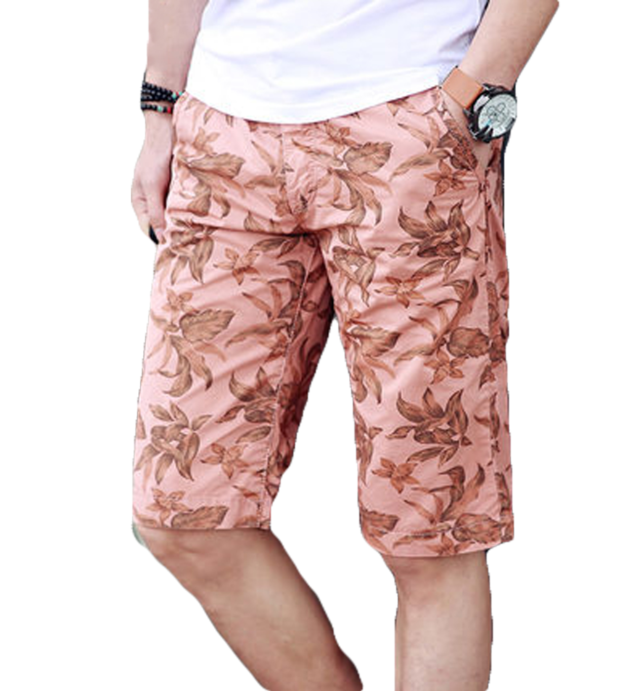 PILAEO Mens Peach Red Upscale Stylish Floral Print Shorts for Relaxed Styling