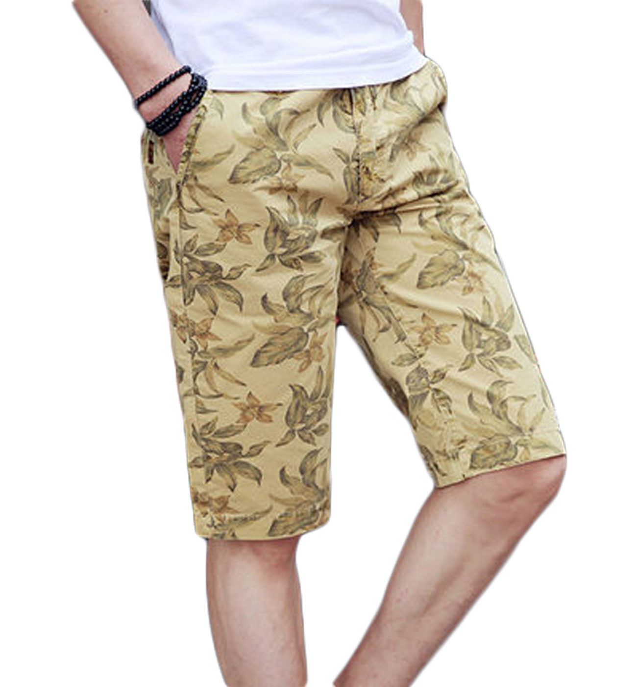 PILAEO Mens Tan Upscale Stylish Floral Print Shorts for Everyday Summer