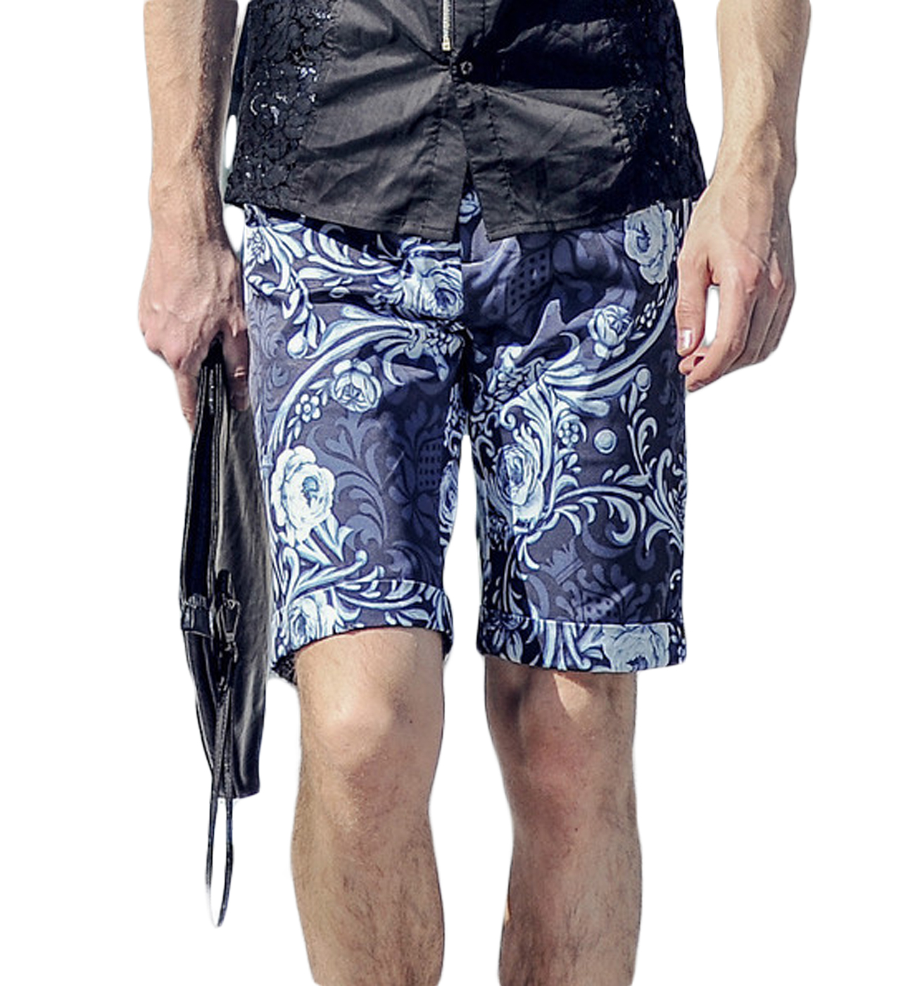 PILAEO Navy Blue Floral Upscale Tribal Print Mens Shorts for Terrace Lunches