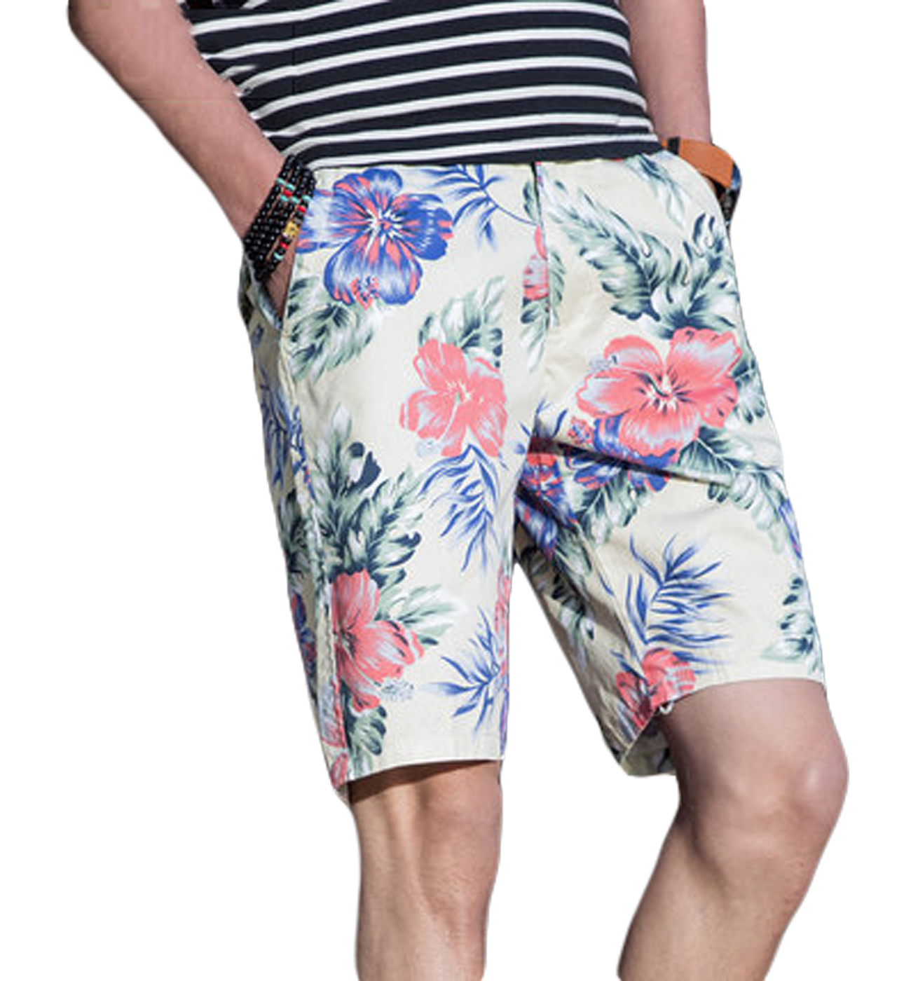 PILAEO Off-White Blue Floral Elegant Mens Summer Shorts for Island Escapes