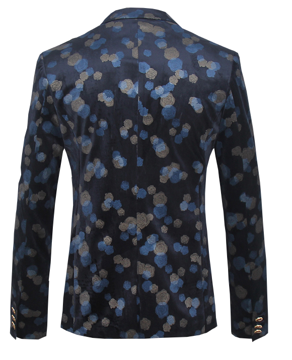 PILAEO Pixelated Blue Roses Modern Navy Blue Velvet Blazer — view 3