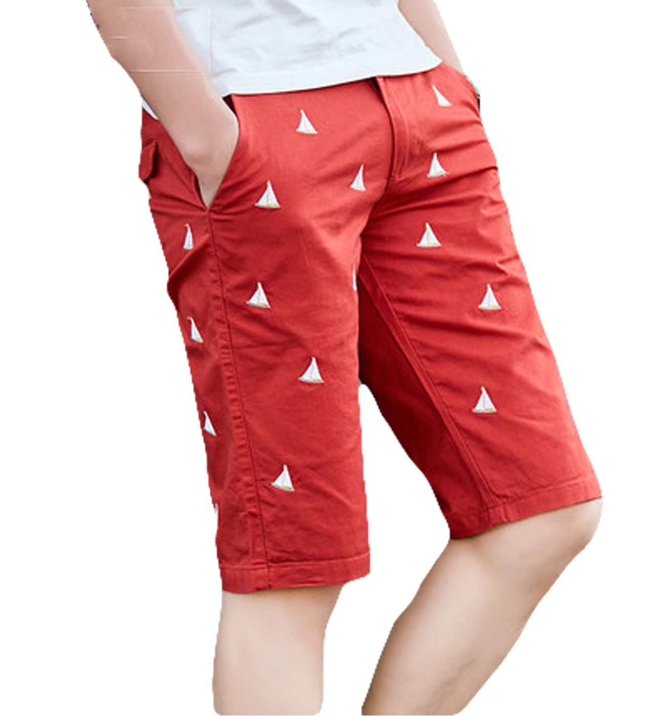 PILAEO Red Modern Mens Sail Slim Boats Embroidered High End Shorts for Villa Gatherings