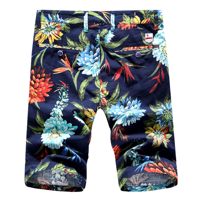 Navy blue floral chino shorts side view showing fit through the thigh