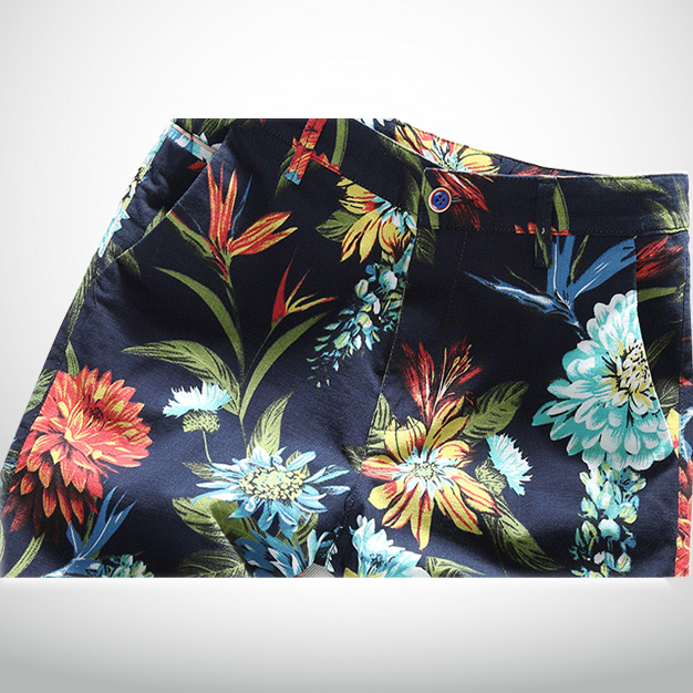 Navy blue floral chino shorts rear view and pocket placement