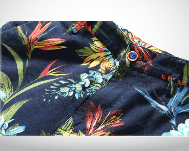 Navy blue floral chino shorts print detail and hem