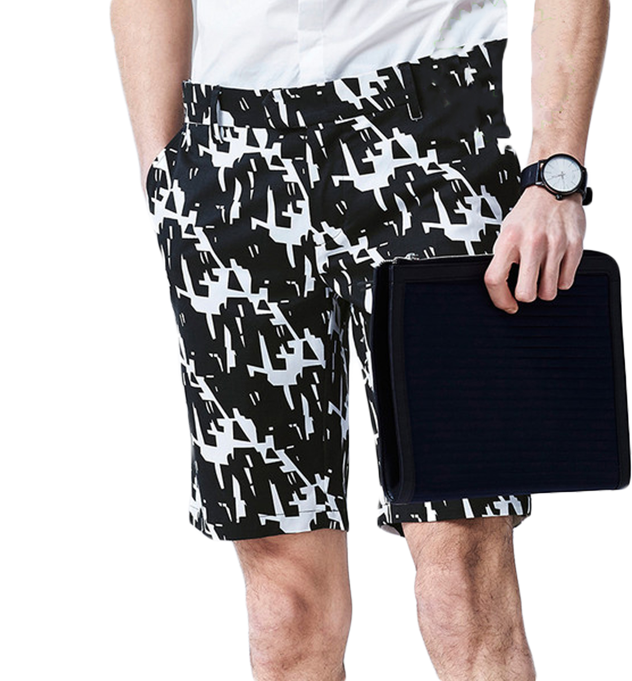 PILAEO White Black Upscale Fashion Mens Geometric Tribal Print Shorts for Poolside Lounging