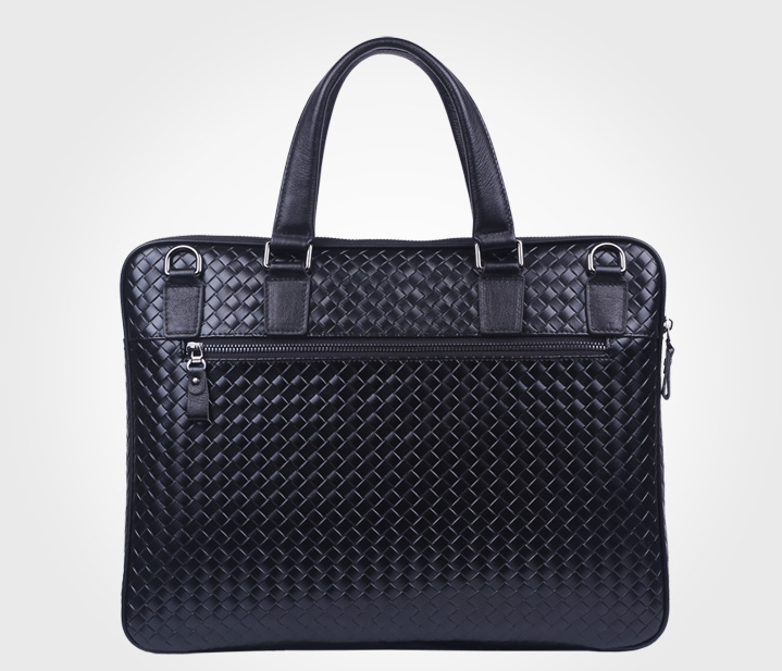 Woven Black Genuine Leather Mens High End Briefcase - PILAEO