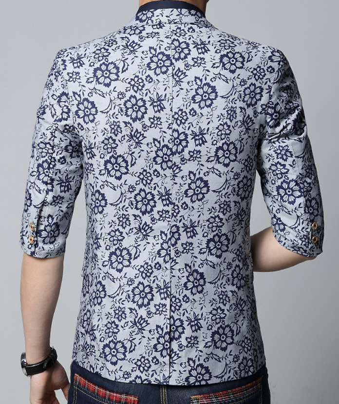 PILAEO Stylish Casual Short Sleeves Floral Light Blue Print Blazer — view 3