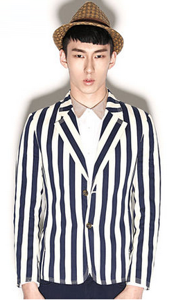 Casual Striped Blazer Suit Jacket Navy Blue White