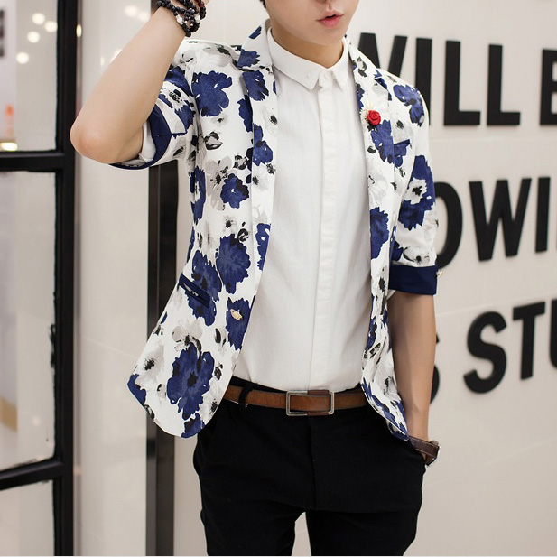 PILAEO Creative WHite Blue Floral Stylish Menswear Blazer — view 3