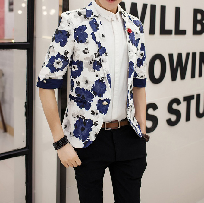 PILAEO Creative WHite Blue Floral Stylish Menswear Blazer — view 4