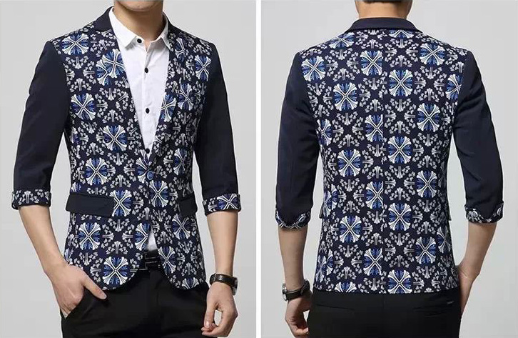 PILAEO Dark Blue Floral Trim Three Quarter Sleeve Blazer — view 3