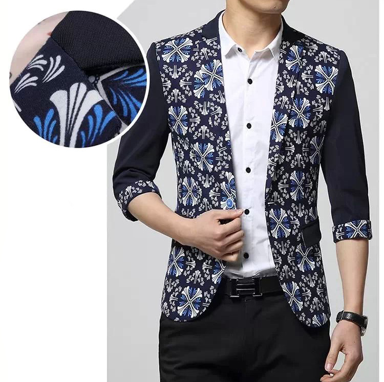 PILAEO Dark Blue Floral Trim Three Quarter Sleeve Blazer — view 4