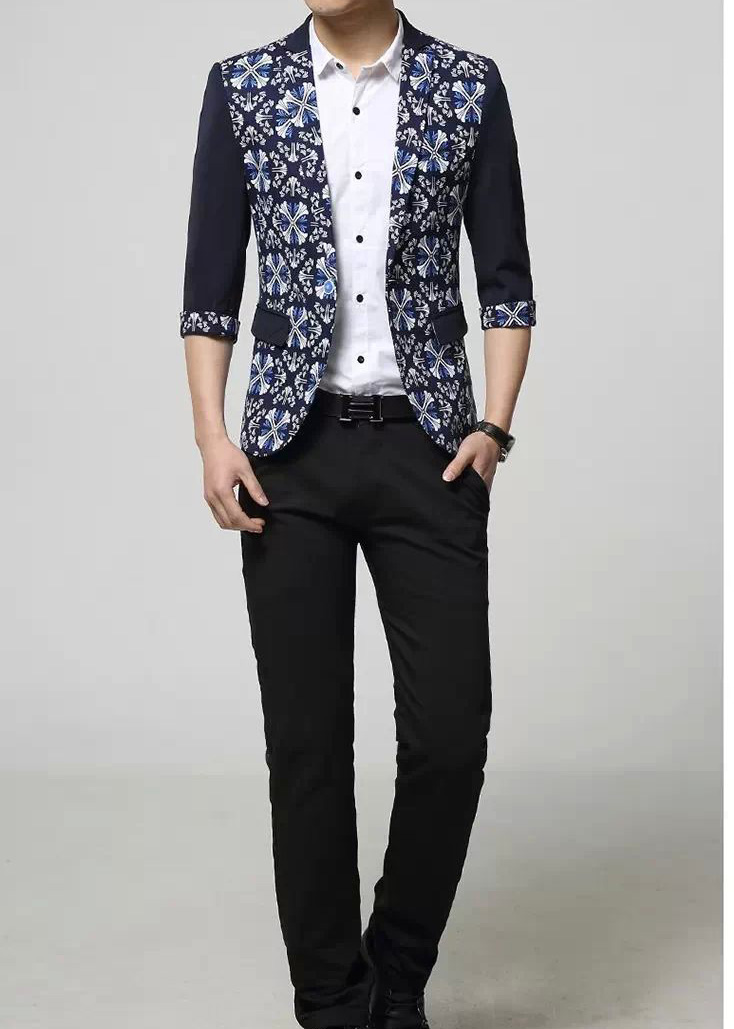 PILAEO Dark Blue Floral Trim Three Quarter Sleeve Blazer — view 5