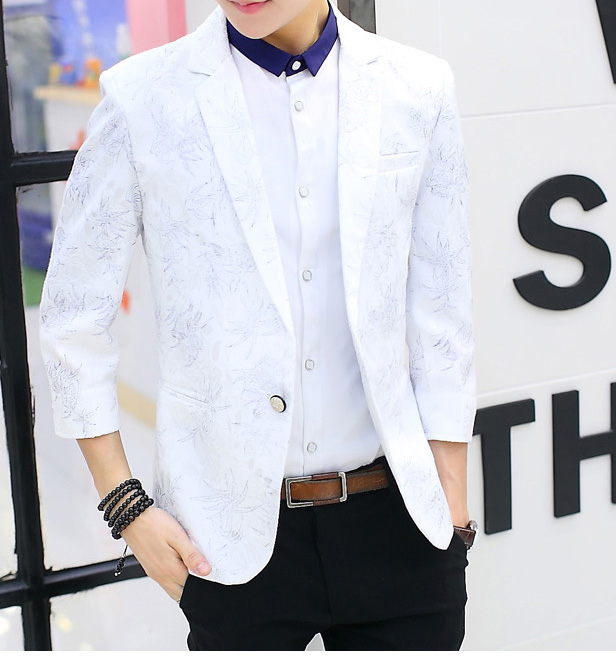 PILAEO Elegant Outlined Floral White 3/4 Sleeve Blazer — view 3