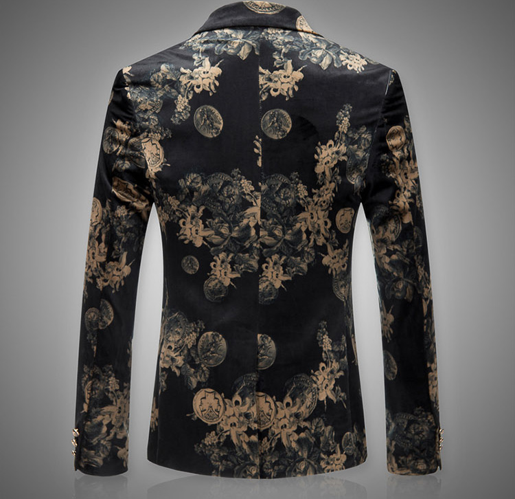 PILAEO Floral Classical Artwork Black Beige Velvet Blazer — view 3