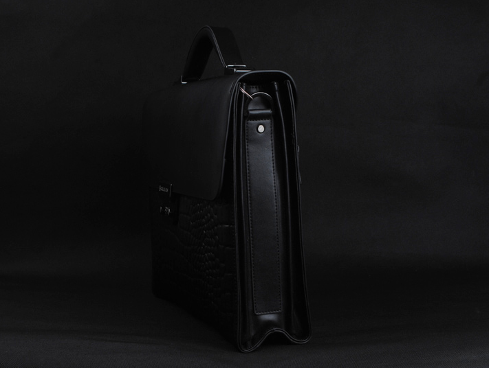 Black crocodile laptop bag interior and laptop compartment