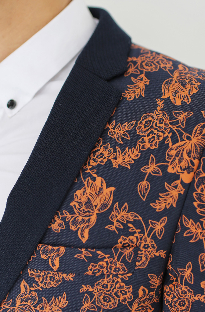 PILAEO Navy Blue Orange Floral Outlined High End Blazer — view 4