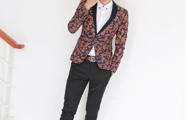 PILAEO Navy Blue Orange Floral Outlined High End Blazer — view 5