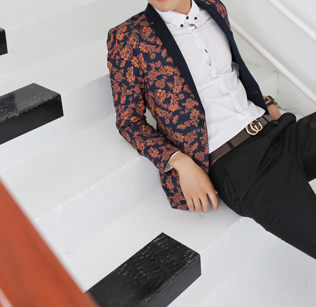 PILAEO Navy Blue Orange Floral Outlined High End Blazer — view 6
