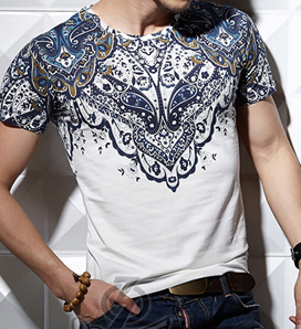 Paisley Design White Navy Blue Cotton T-shirt - PILAEO