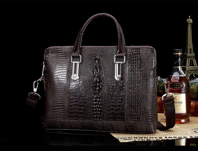 PILAEO Premium Alligator Leather Briefcase Messenger Large Brown Bag — view 3