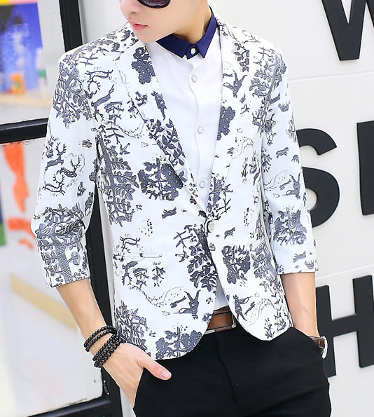 PILAEO White Blue Floral 3 Quarter Sleeve Fashion Blazer — view 3
