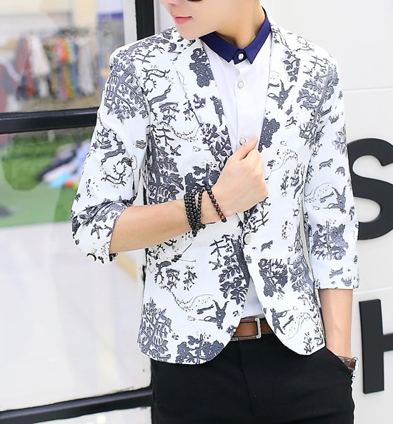 PILAEO White Blue Floral 3 Quarter Sleeve Fashion Blazer — view 5